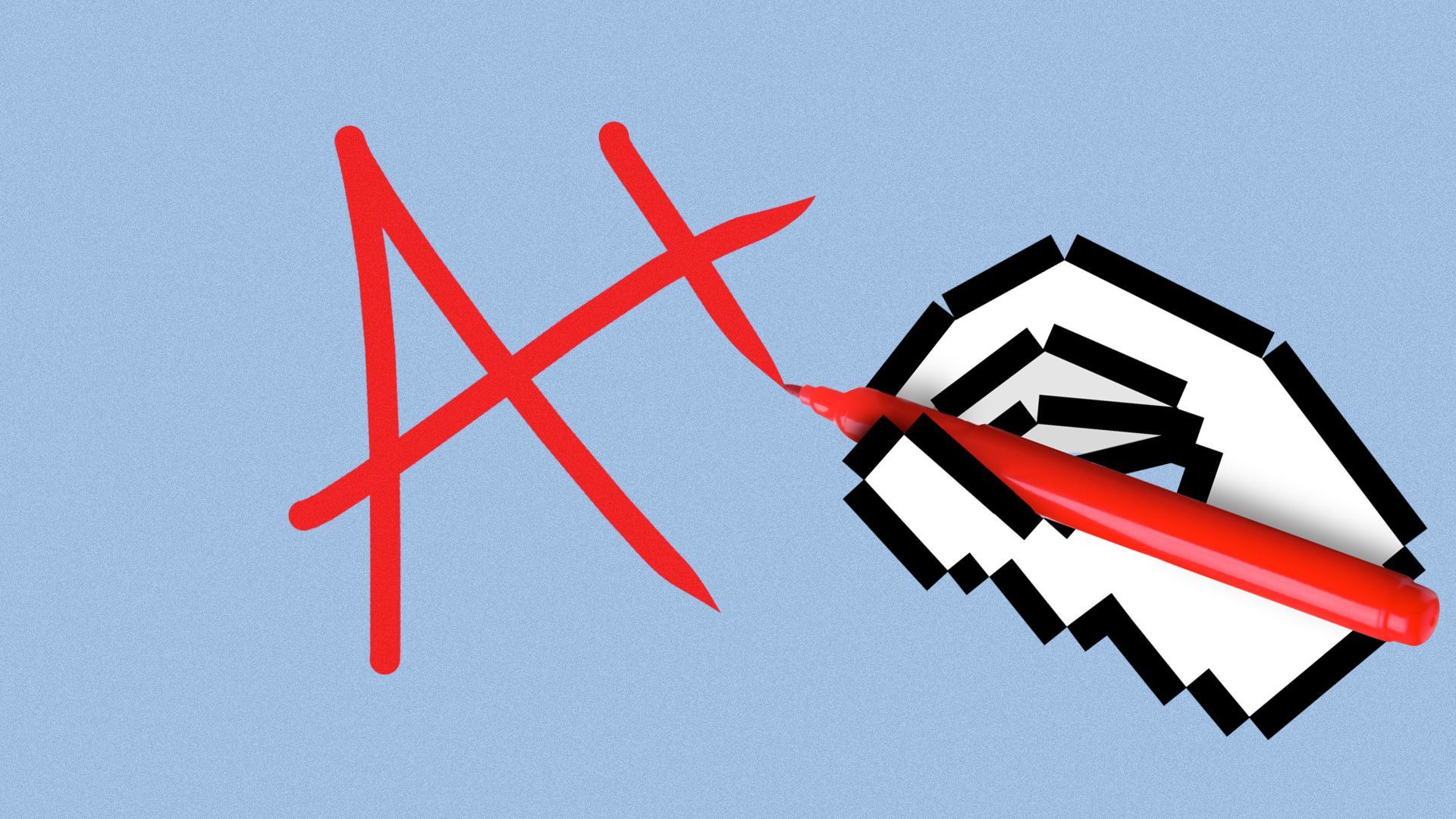 Illustration of a stylized cursor hand holding a red marker writing "A+".