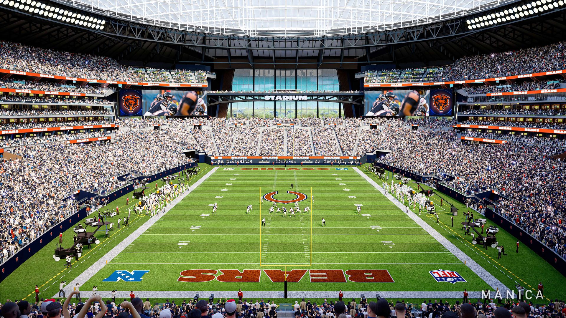 Rendering of a football stadium with fans and players. 