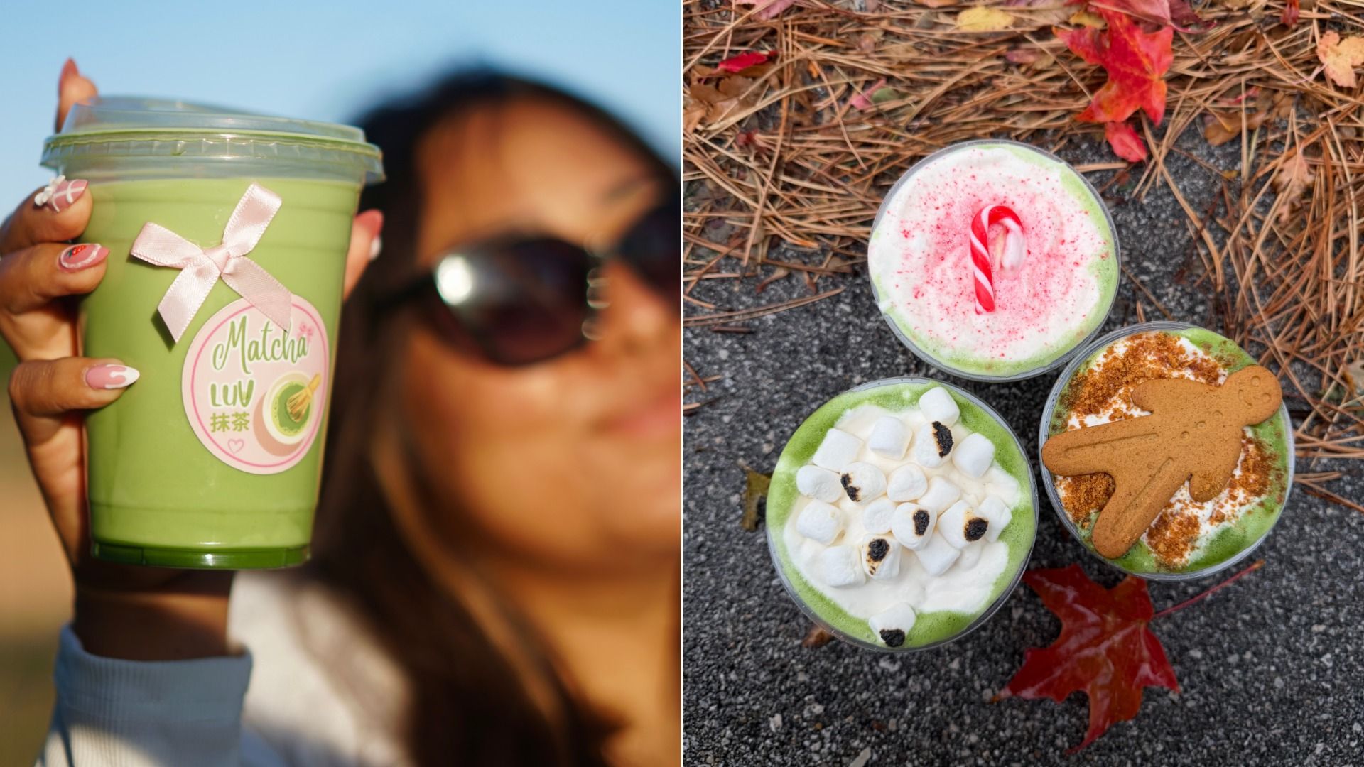 Left: Close-up of a green matcha drink in a clear cup with a pink ribbon and label reading "Matcha LUV" held by a person with decorated nails and sunglasses. Right: Three matcha drinks topped with a candy cane, marshmallows, and a gingerbread cookie, surrounded by fall leaves.