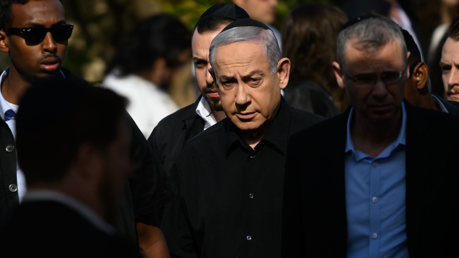 Prime Minister Benjamin Netanyhu attends the funeral for First Sergeant Major Gal Meir Eisenkot (aged 25) in the Herzliya cemetery on December 8, 2023 in Herzliya, Israel. 