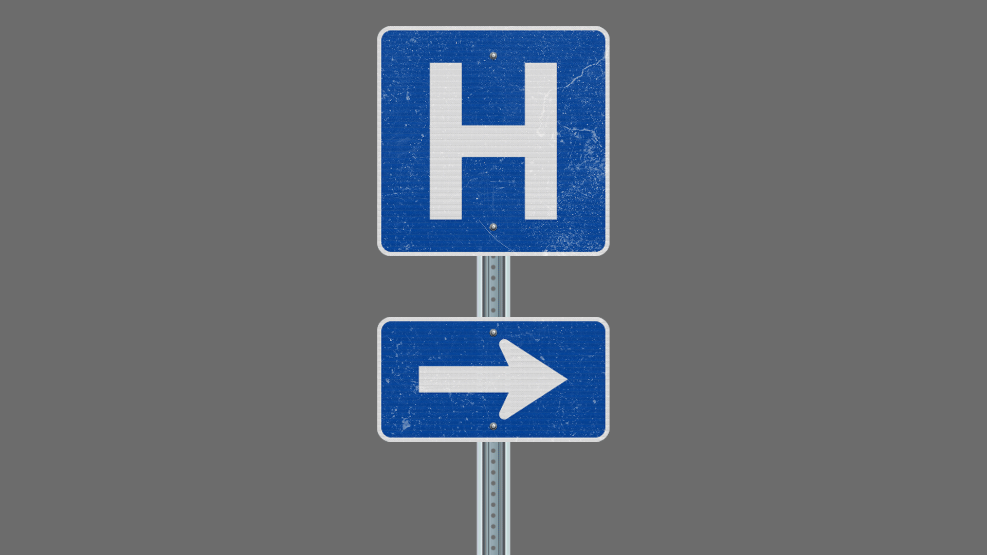 Illustration of a distressed hospital sign with the arrow portion detaching and swinging downwards
