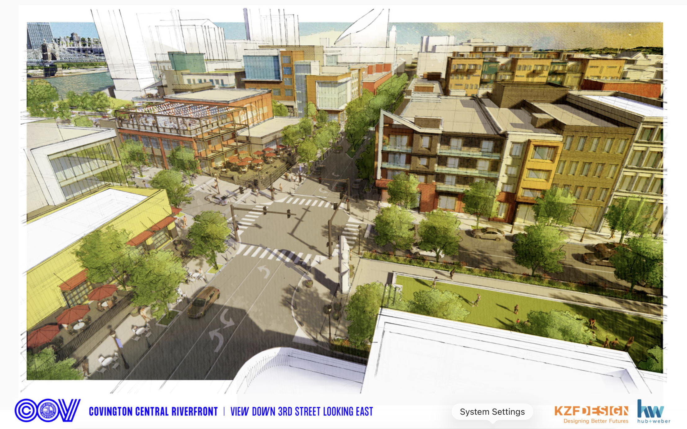 A stylized aerial view of a modern city block: brick and glass buildings, green trees, outdoor cafes, crosswalks, and a riverfront in the distance.
