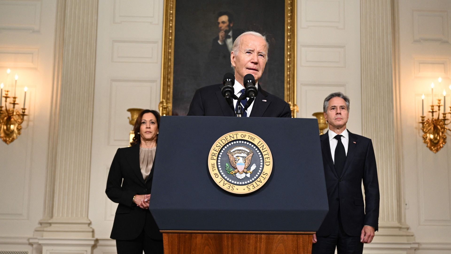 President Biden, with Vice President Kamala Harris and Secretary of State Antony Blinken, speaks about the attacks on Israel, in the the White House in Washington, D.C., on Oct. 10. Photo: Brendan Smialowski/AFP via Getty Images