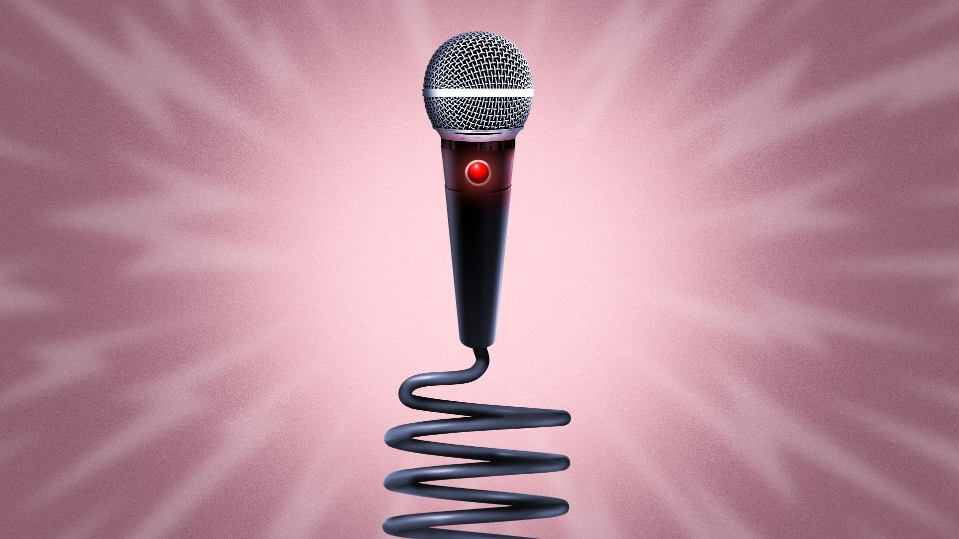 Illustration of a microphone with a coiled wire against a background featuring lightning bolt lines