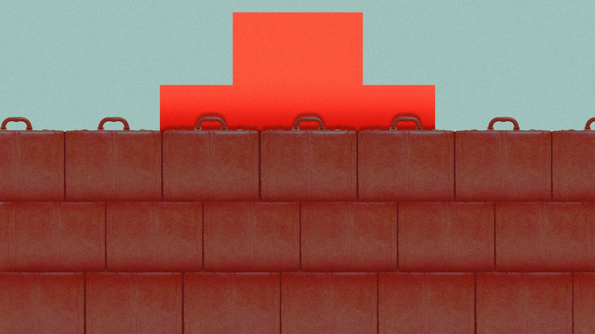 Illustration of briefcases forming a brick wall in front of a giant red cross. 
