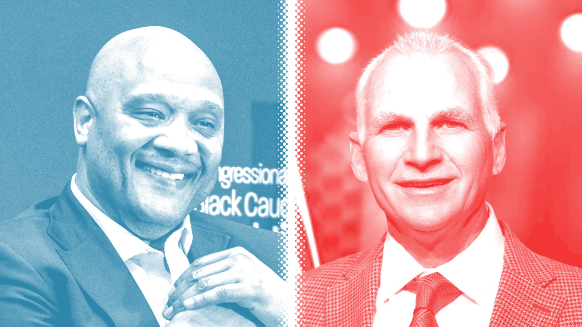 Photo illustration of André Carson and John Schmitz.