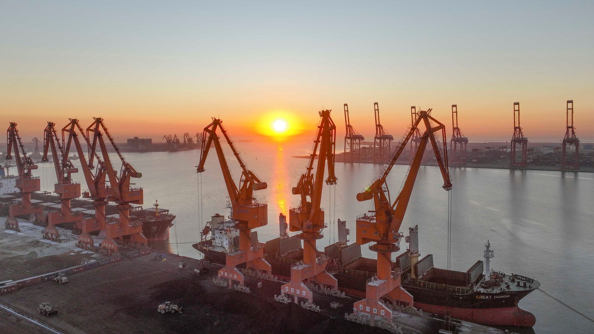 Sun setting over Chinese port