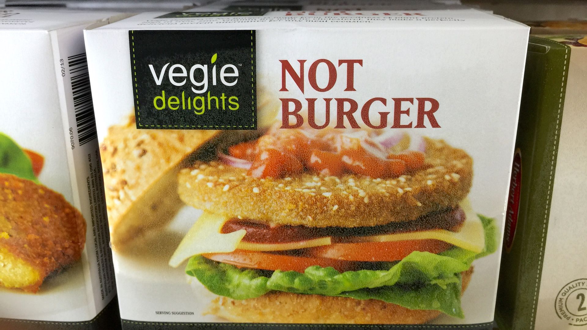 A package of Veggie Delight burgers labeled "Not Burger"