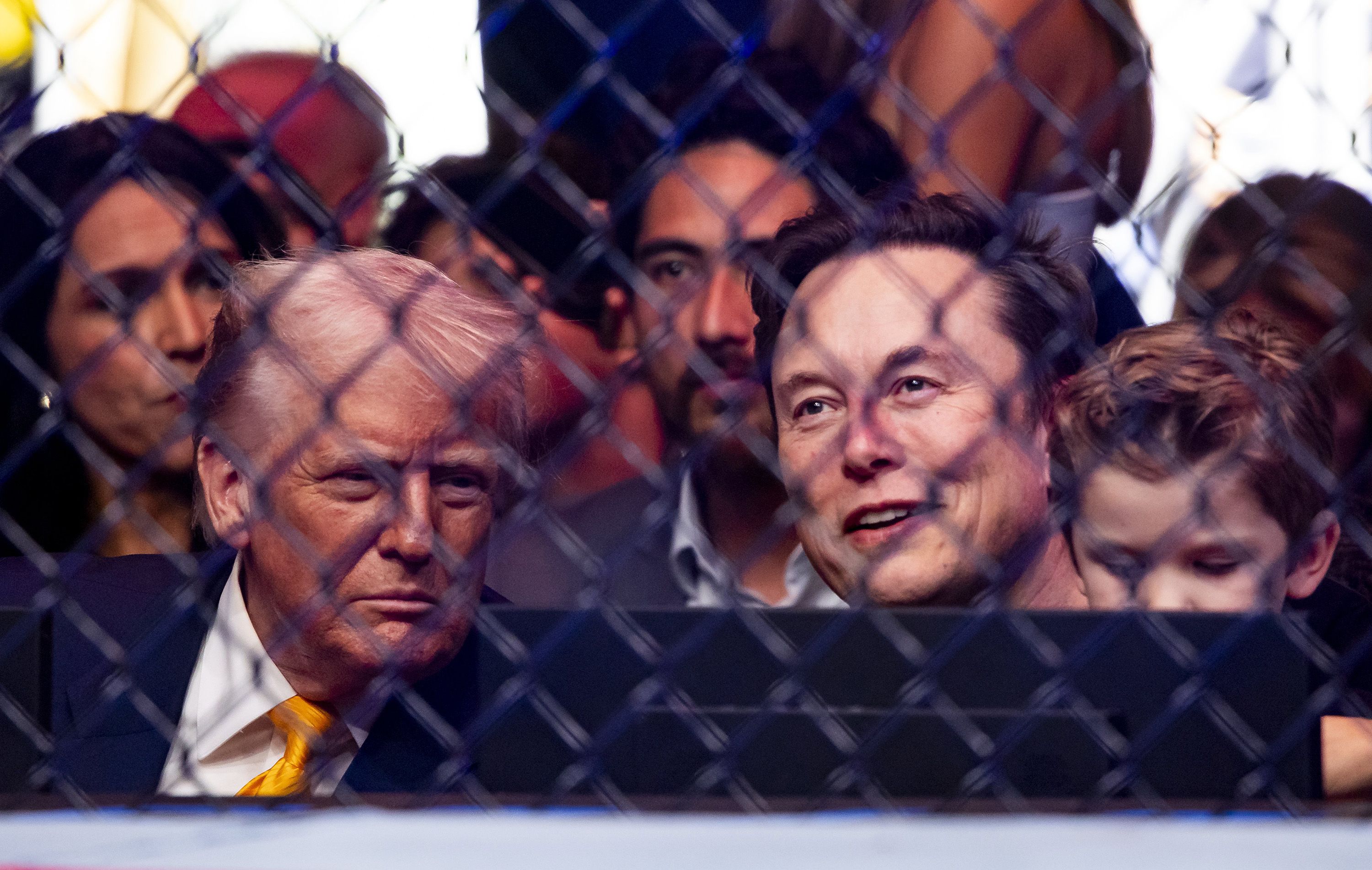 President Donald Trump and Elon Musk attend UFC 314 at the Kaseya Center on Saturday, April 12, 2025, in downtown Miami. (Matias J. Ocner/Miami Herald/Tribune News Service via Getty Images)