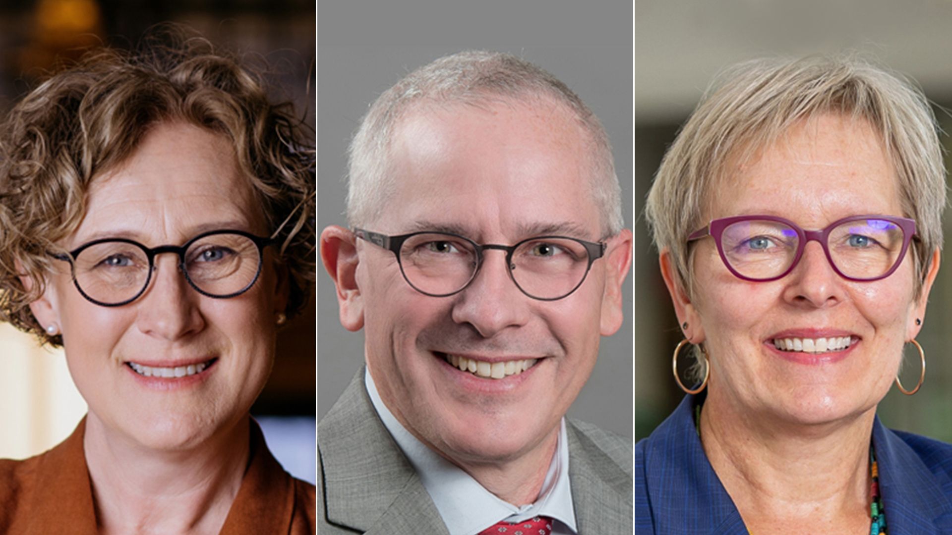 headshots of U president finalists Rebecca Cunningham, James Holloway and Laura Bloomberg