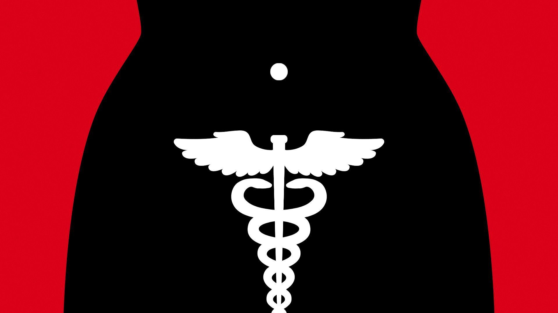 Illustration of a simplified woman's medical silhouette, with a caduceus where the ovaries should be.