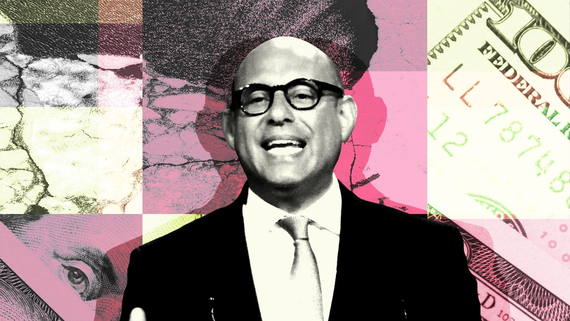 Photo illustration of executive secretary of the United Nations Framework Convention on Climate Change Simon Stiell in front of a collage of money and climate-related imagery