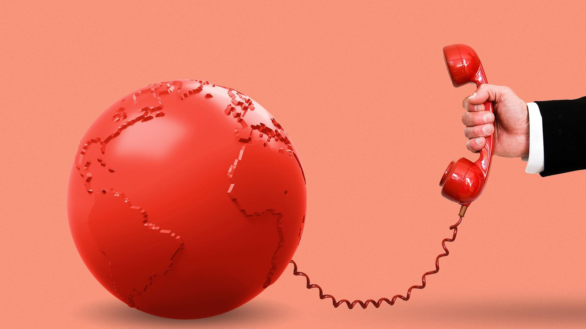 Illustration of a suited hand picking up a red telephone receiver attached to Earth