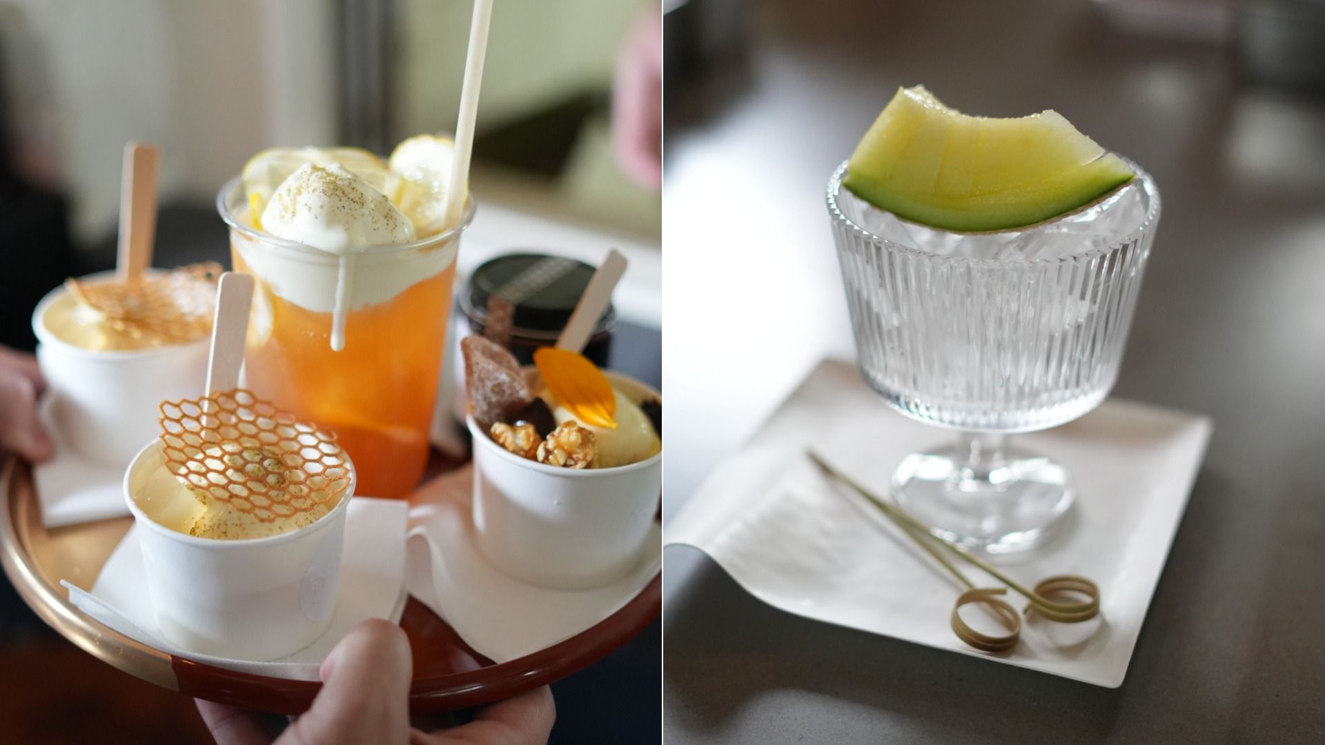 Split image: left shows orange sorbet with vanilla scoops in a clear cup on a red tray and a honeycomb wafer; right shows a crystal dessert glass with a melon wedge.