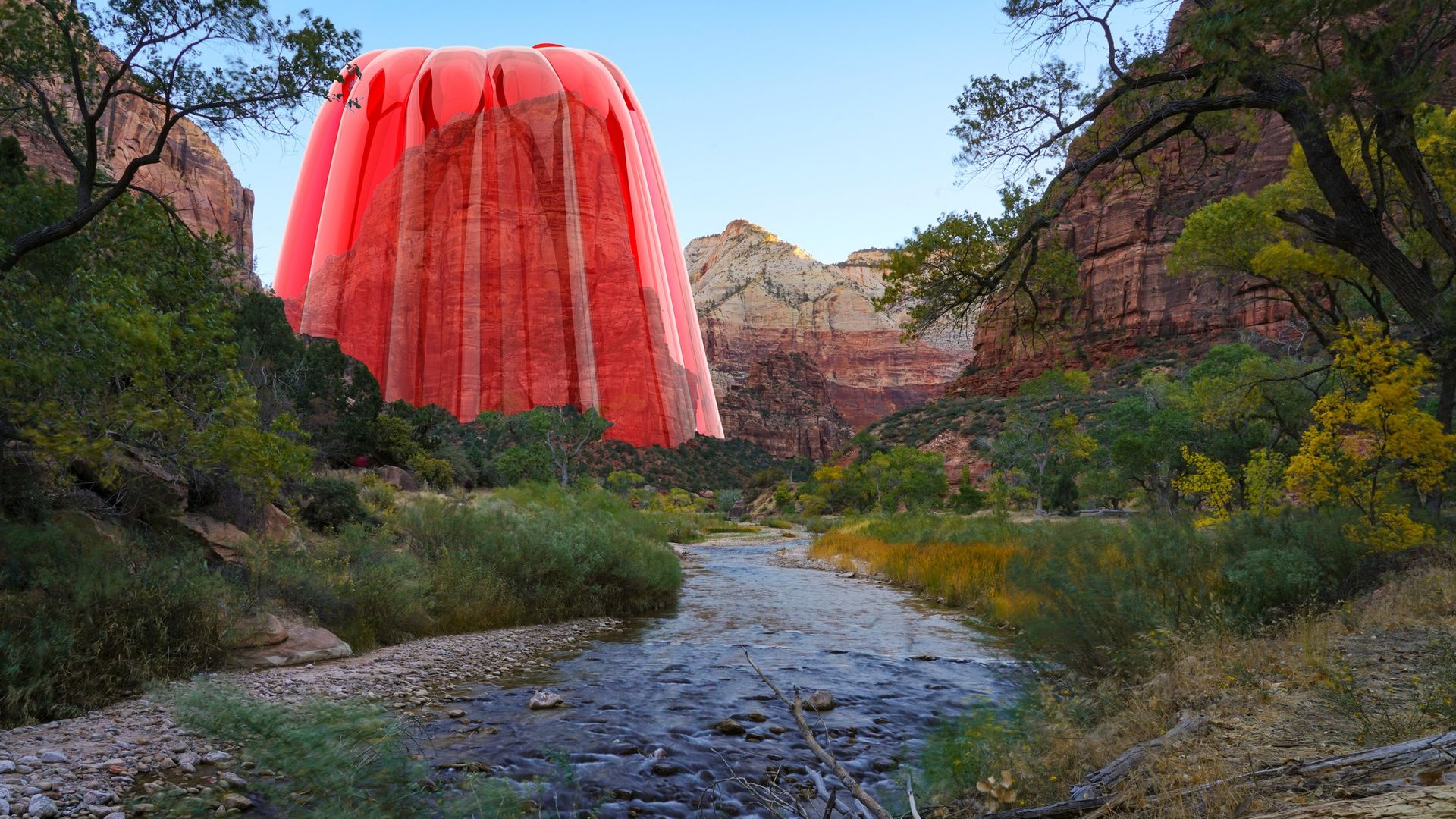 A doctored photo of Angels Landing, with the cliff covered in a red gelatin mold. 