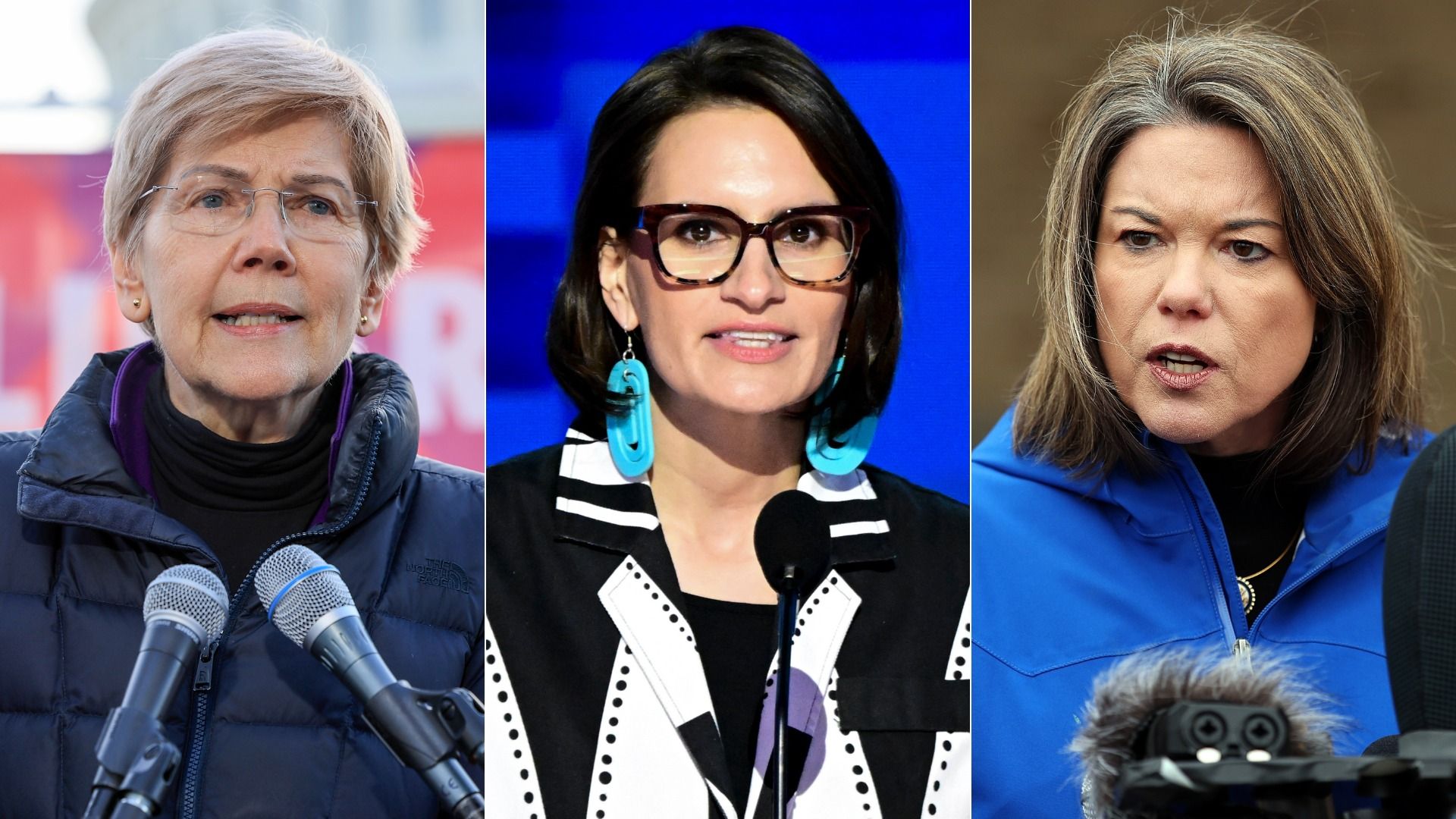 Triptych of three women at a press conference: left light-haired woman with glasses; center dark-haired woman with bold glasses and turquoise earrings; right gray-haired woman in a blue jacket at a podium.