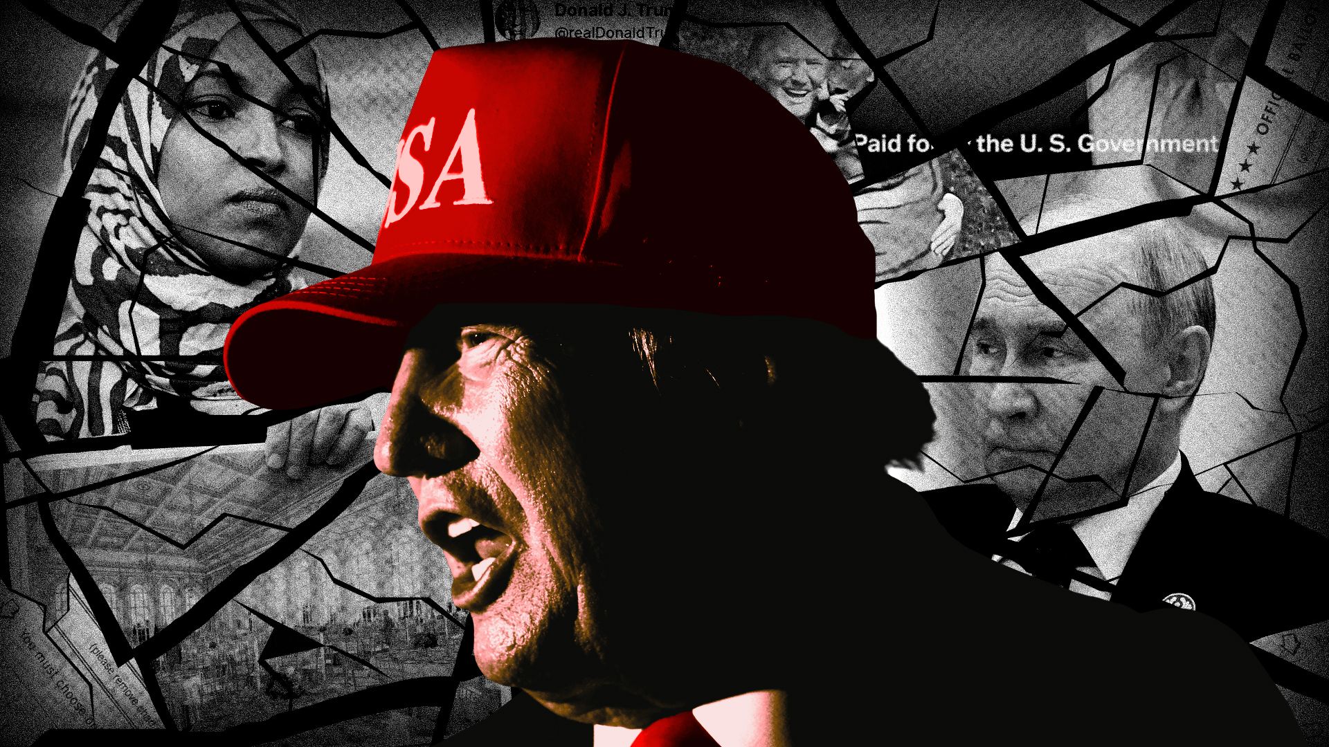 Photo illustration of President Trump in front of cracks featuring images of Ilhan Omar, Vladimir Putin, the White House ballroom, social media posts, and voting ballot
