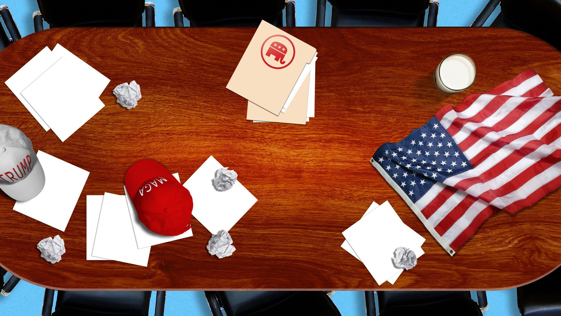 Illustration of a long conference table featuring a Trump baseball cap, a MAGA hat, papers, folders with the Republican logo, an American flag, and a glass of milk