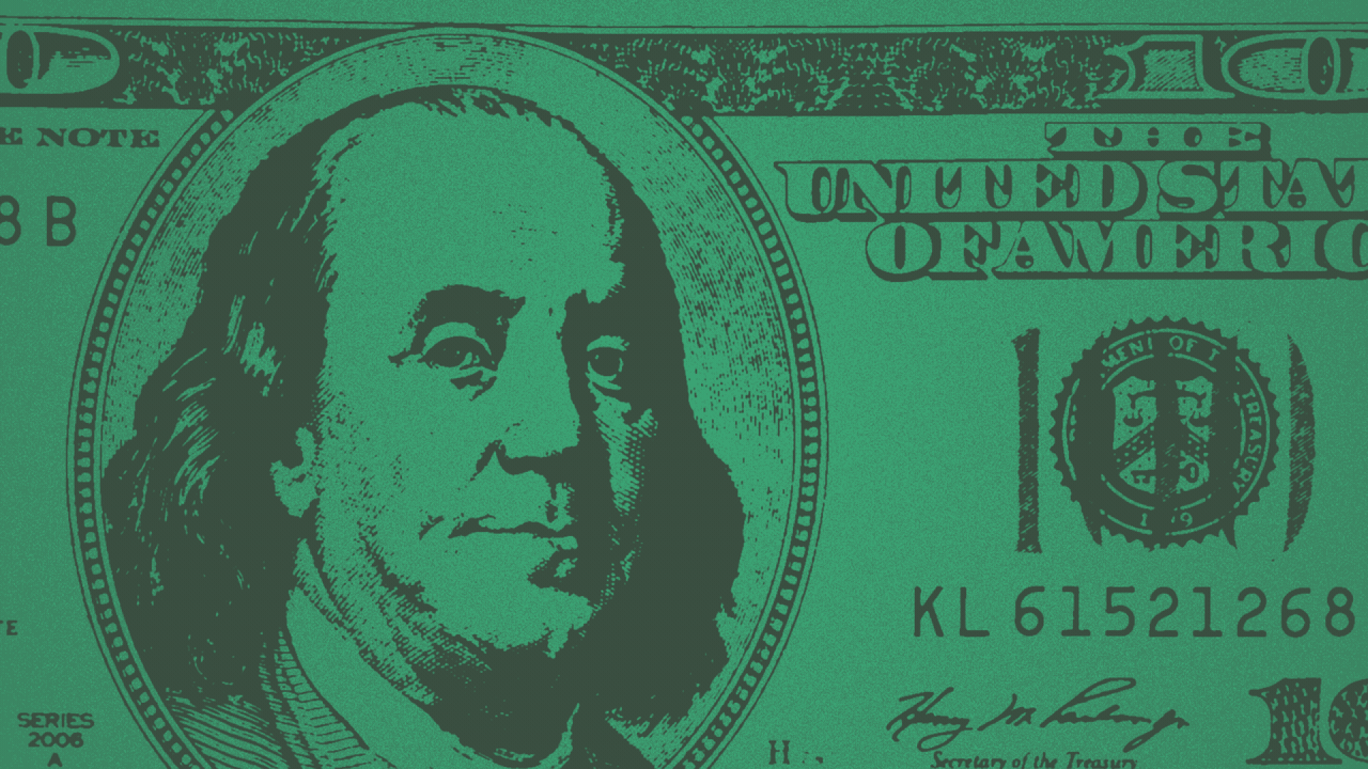Illustration of a 100-dollar bill, with a unicorn horn poking through it from Ben Franklin's forehead. 