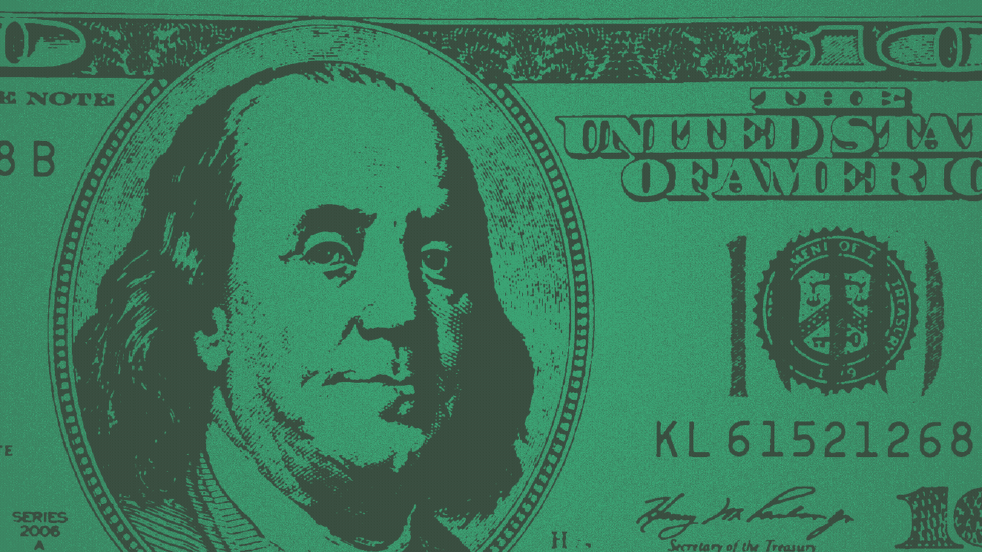 Illustration of a 100-dollar bill, with a unicorn horn poking through it from Ben Franklin's forehead.
