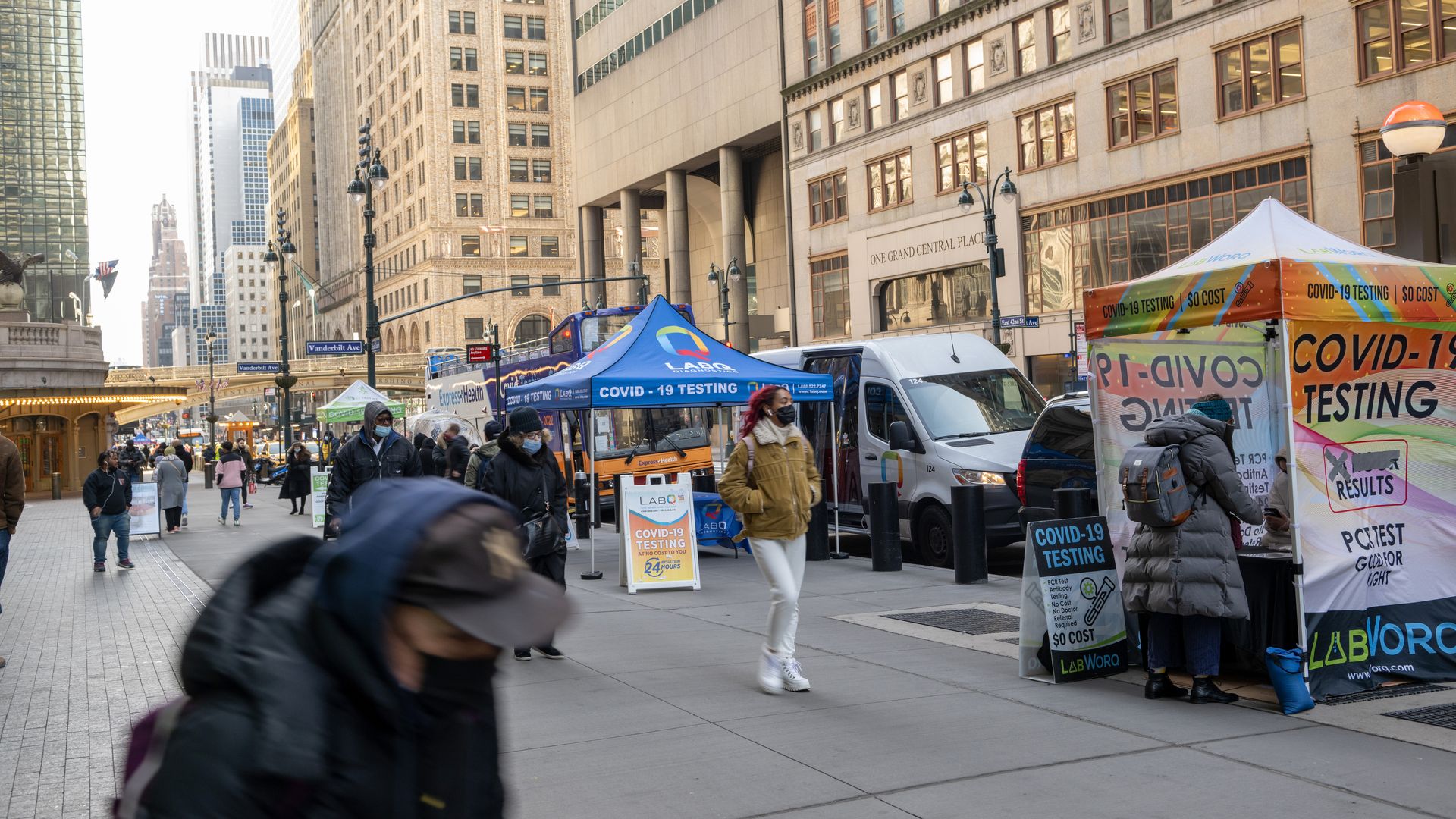 Three different COVID-19 testing companies place testing locations outside Grand Central Terminal on January 14, 2022 in New York City