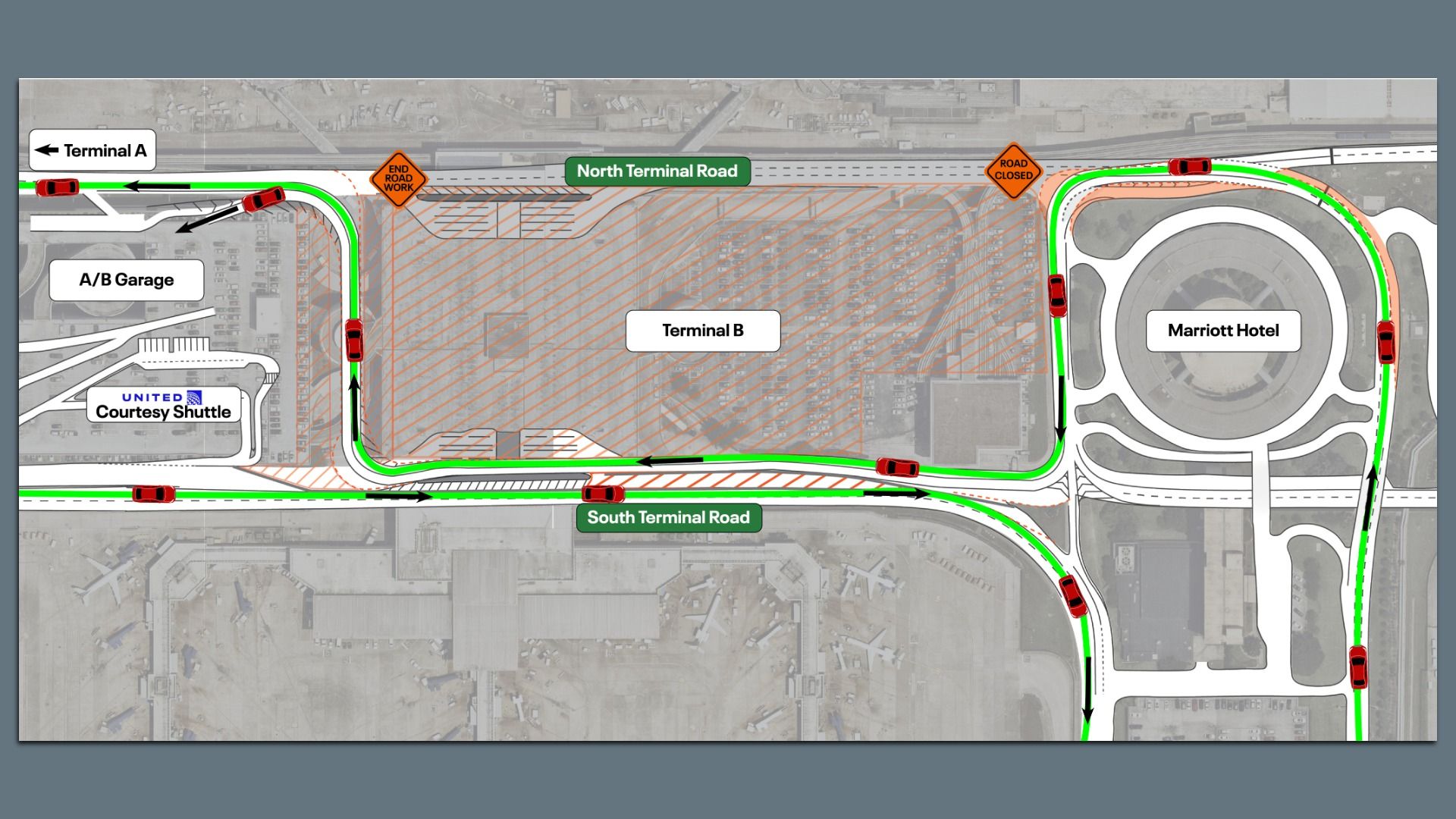 A map showing the detour for drivers near Bush Intercontinental Airport's Terminal B
