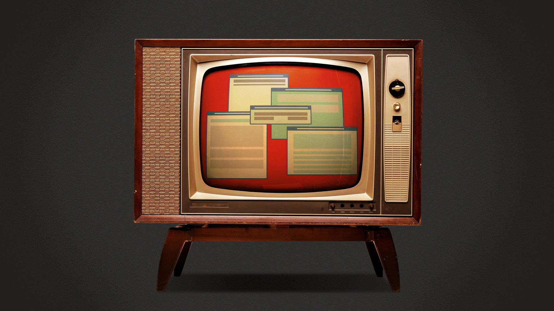 Illustration of an old TV with pop up ads covering the screen.