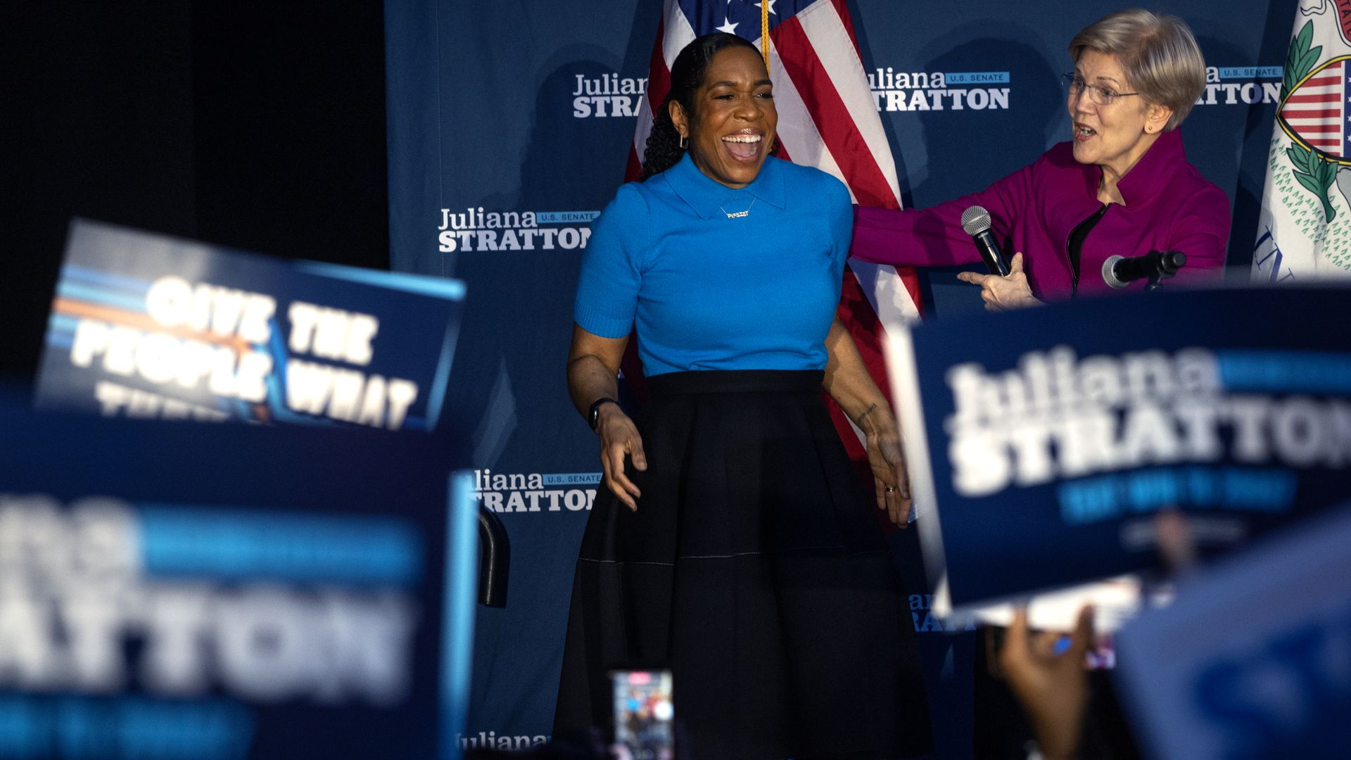 Elizabeth Warren and Juliana Stratton appear together at a campaign event in Chicago before the Illinois Senate primary.