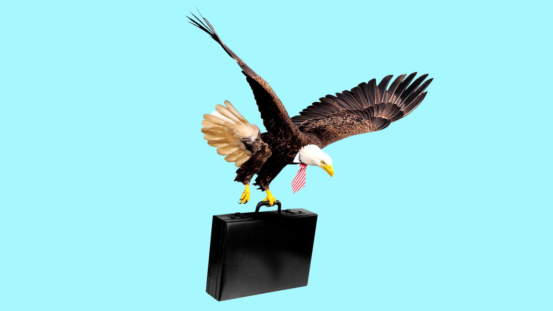 Illustration of an eagle wearing a tie, flying through the air holding a briefcase.