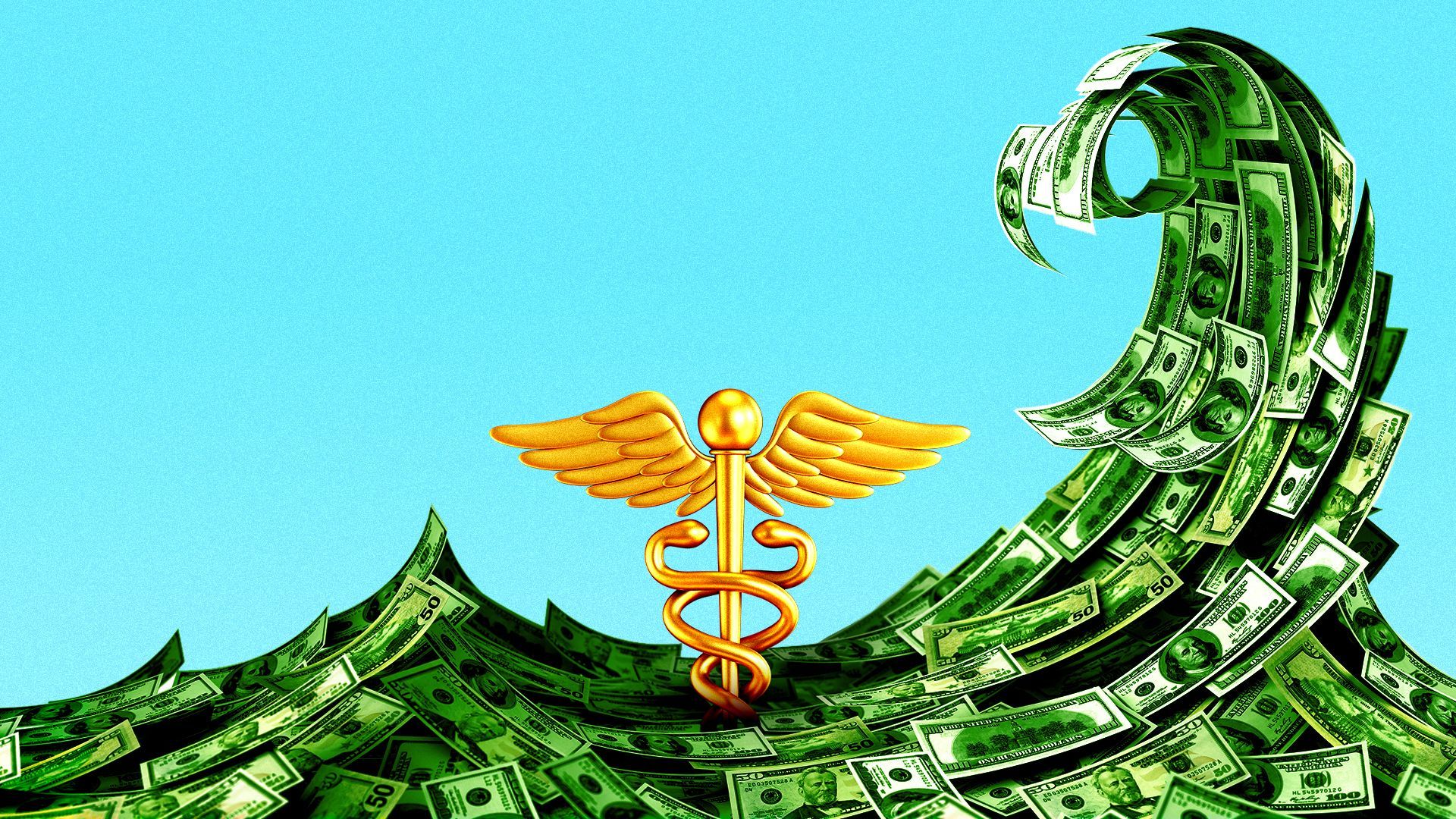 an illustration of a caduceus being overtaken by a wave of dollar bills