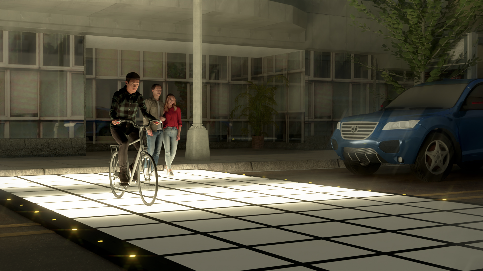 Schematic image of a street crosswalk that lights up from below to indicate that pedestrians are present.