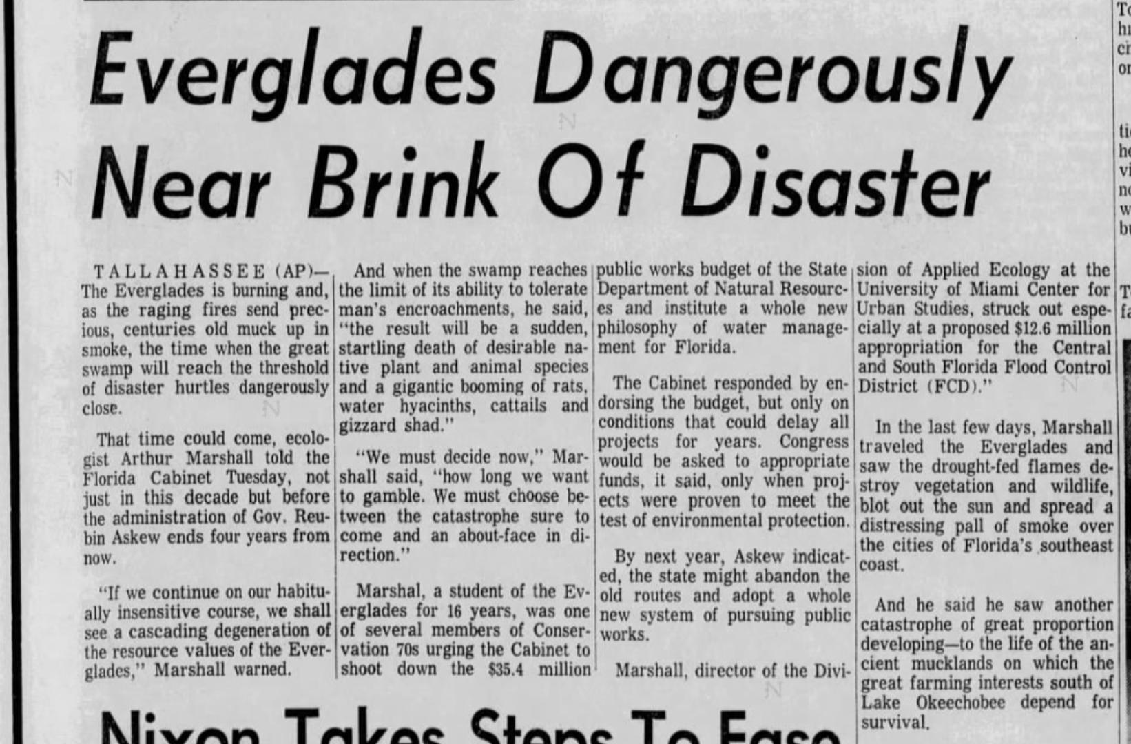 A clipping from the Bradenton Herald with a headline forecasting the demise of the Everglades.