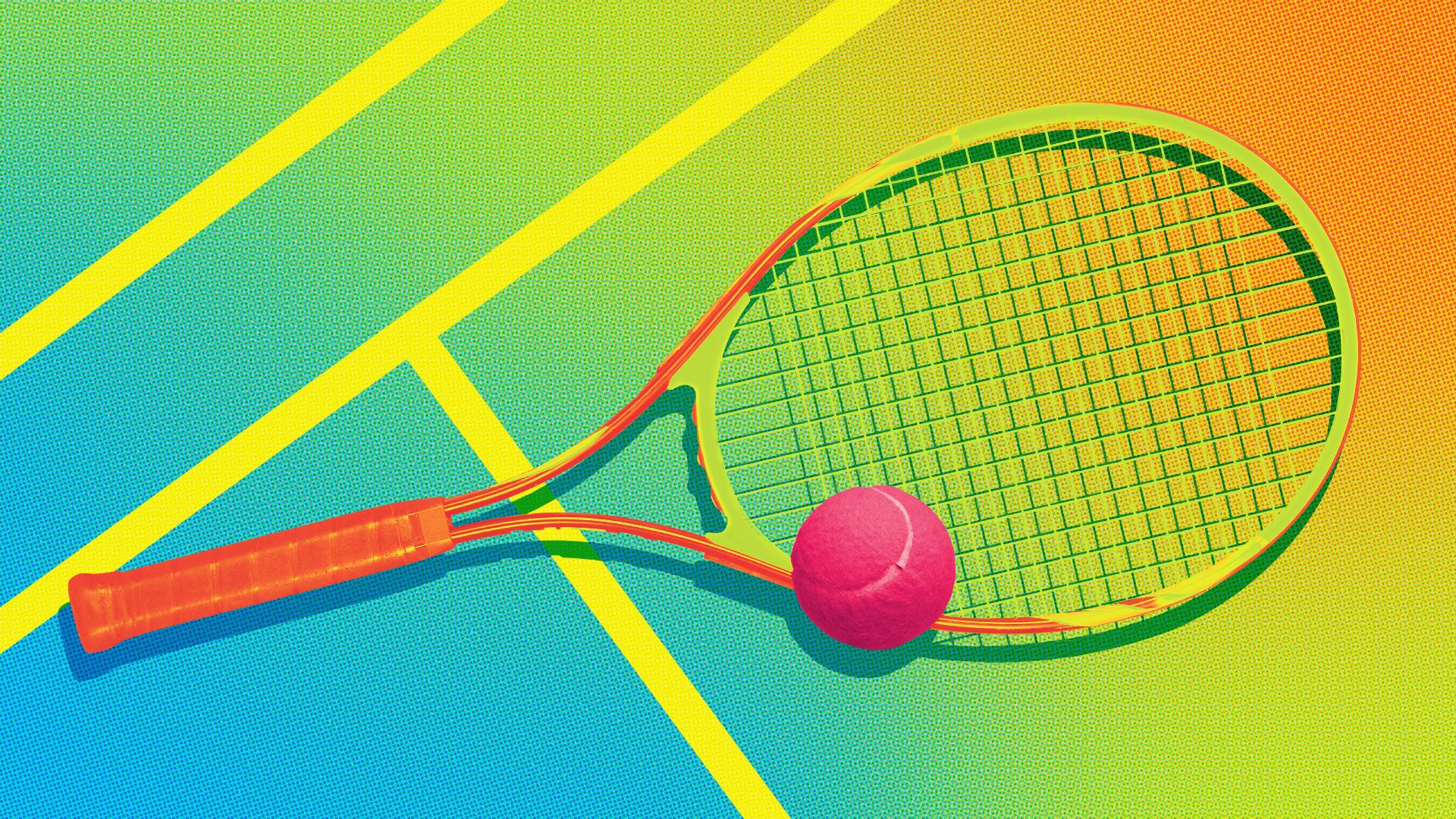 Illustration of a tennis racket and ball on a colorful gradient background