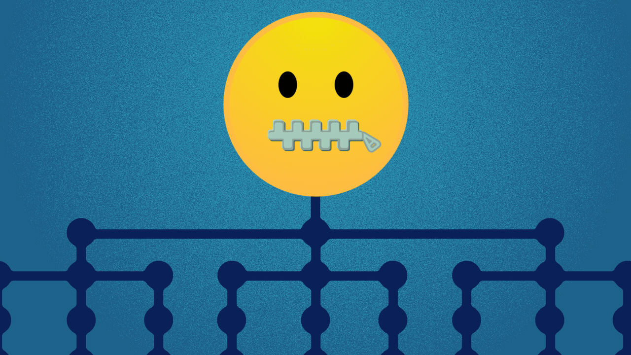 Animated illustration of a zippered-mouth emoji on top of an org chart. The zipper unzips, the emoji thinks and then blurts out a word balloon with a gold star in it.