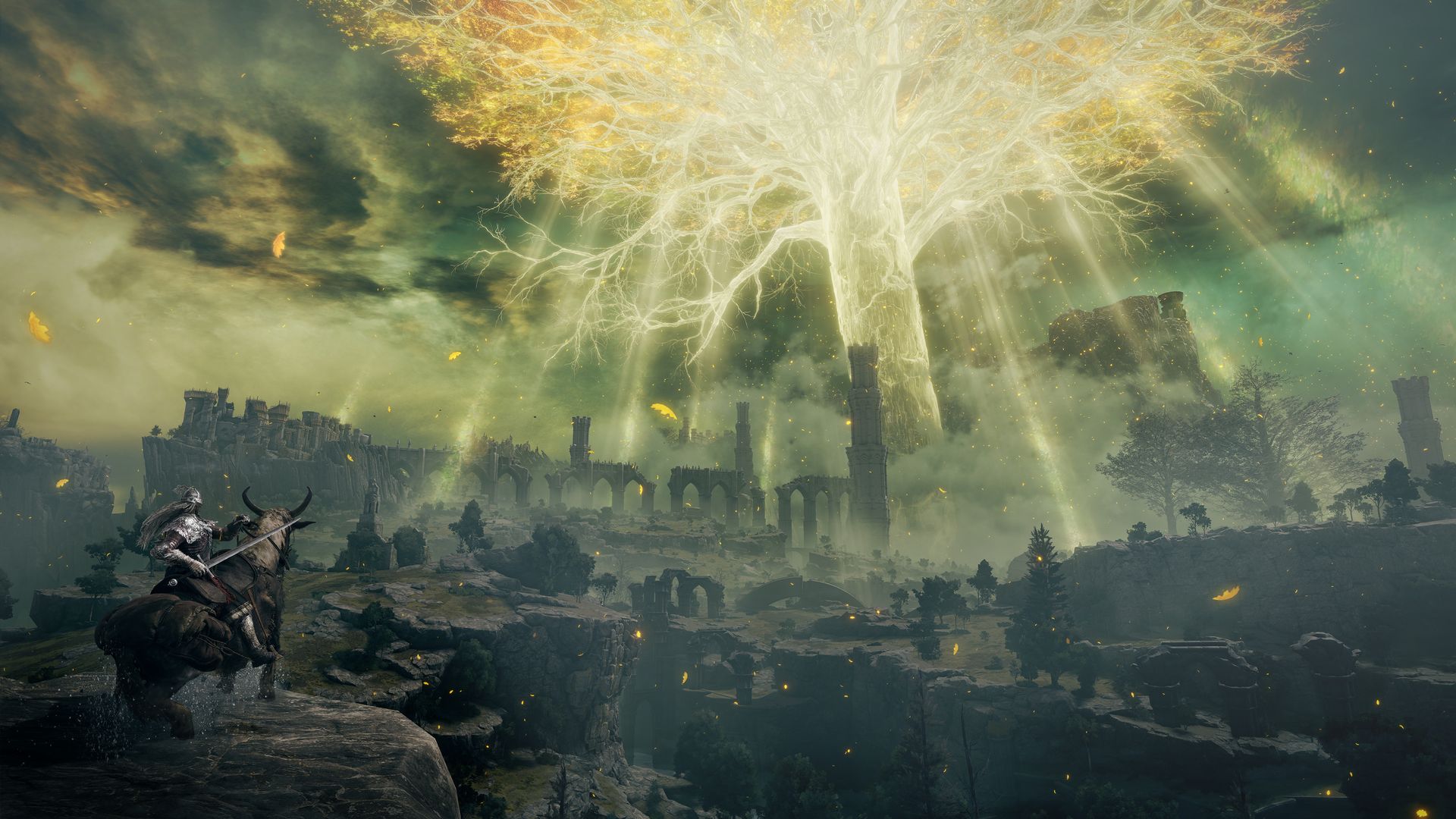 A screenshot from Elden Ring showing a character on horseback on a cliff looking up at a huge, glowing tree.