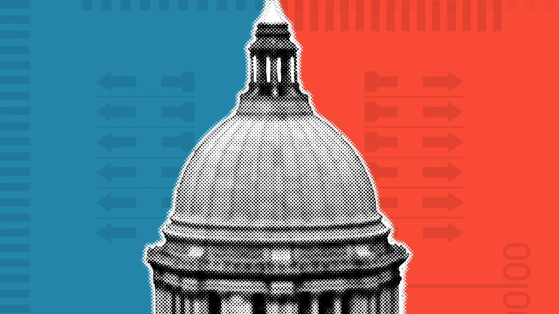 Illustration of the Washington State Capitol over a divided red and blue background with elements of ballots.