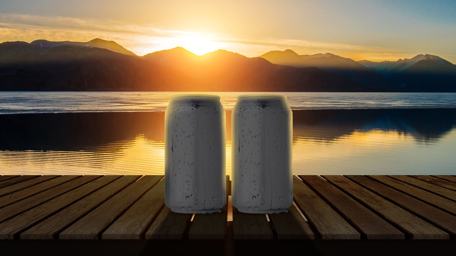 Illustration of two cans of beer side-by-side on a dock overlooking a sunset. 