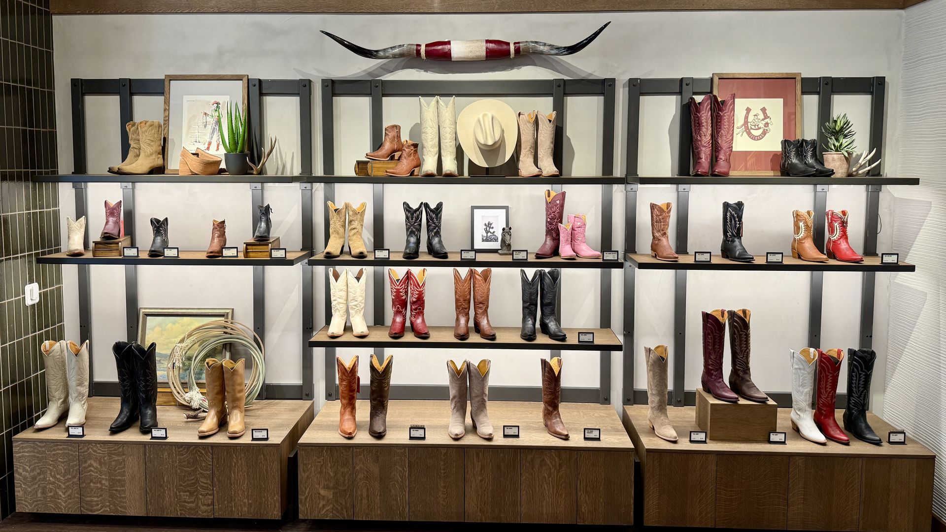 Store display of assorted cowboy boots in tan, brown, white, black and red on dark metal shelves; a large curved horn spans the top, with framed art and a potted plant nearby.