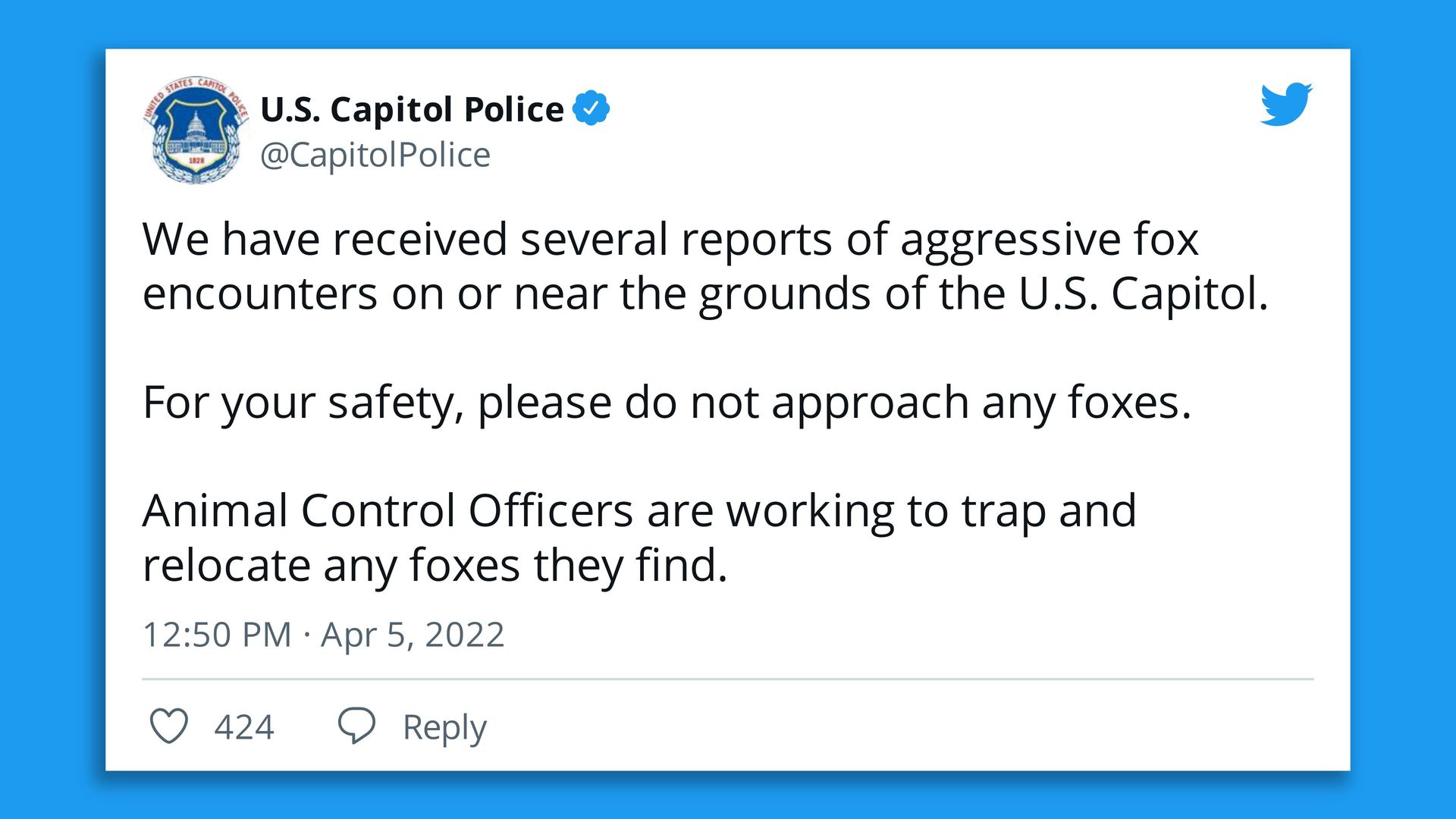 A screenshot shows a tweet from the Capitol Police warning of potential fox attacks on the Capitol grounds.