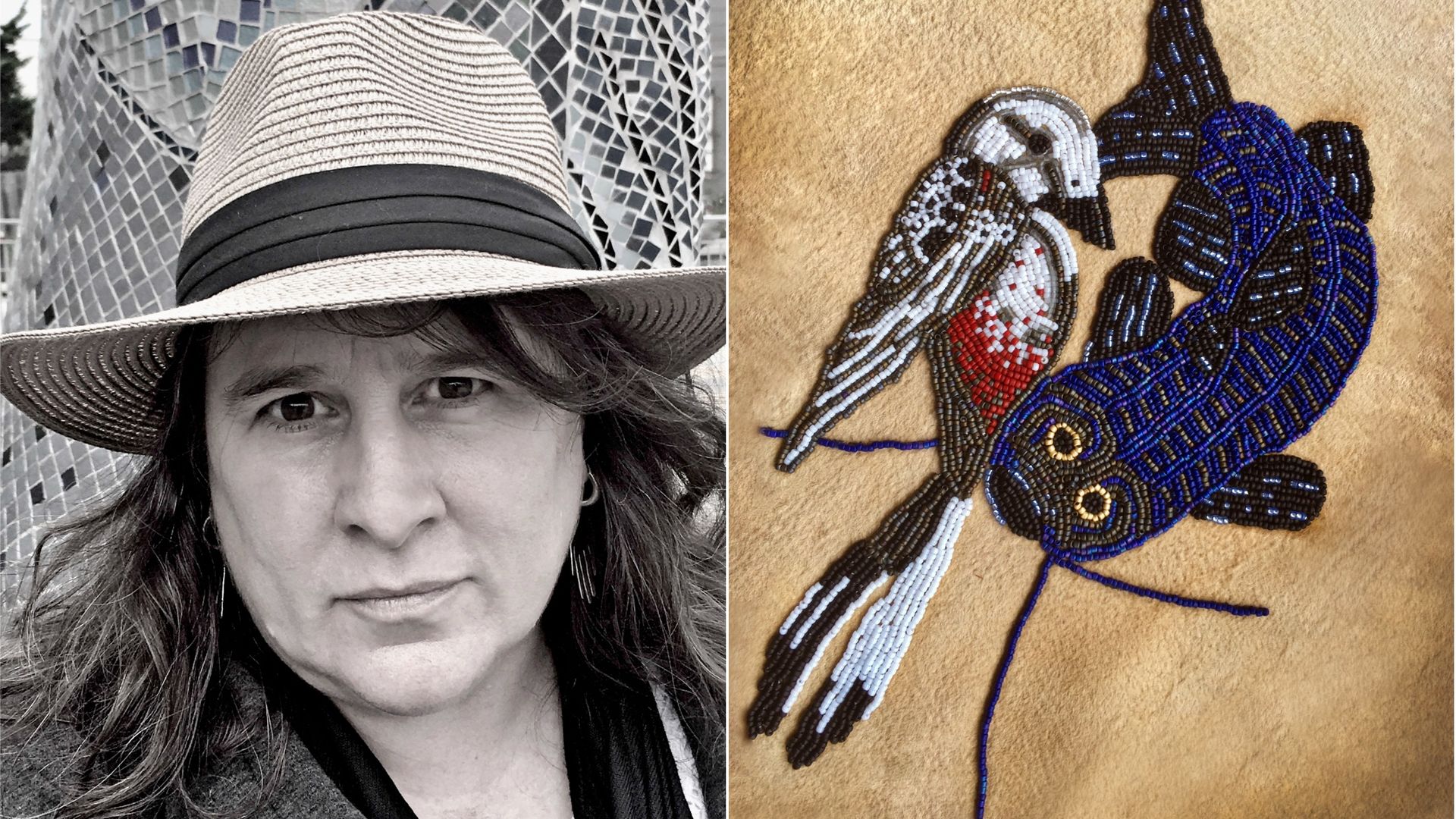 Photo of Kim Shuck on the left and a woven art piece on the right (showing a bird and a fish)