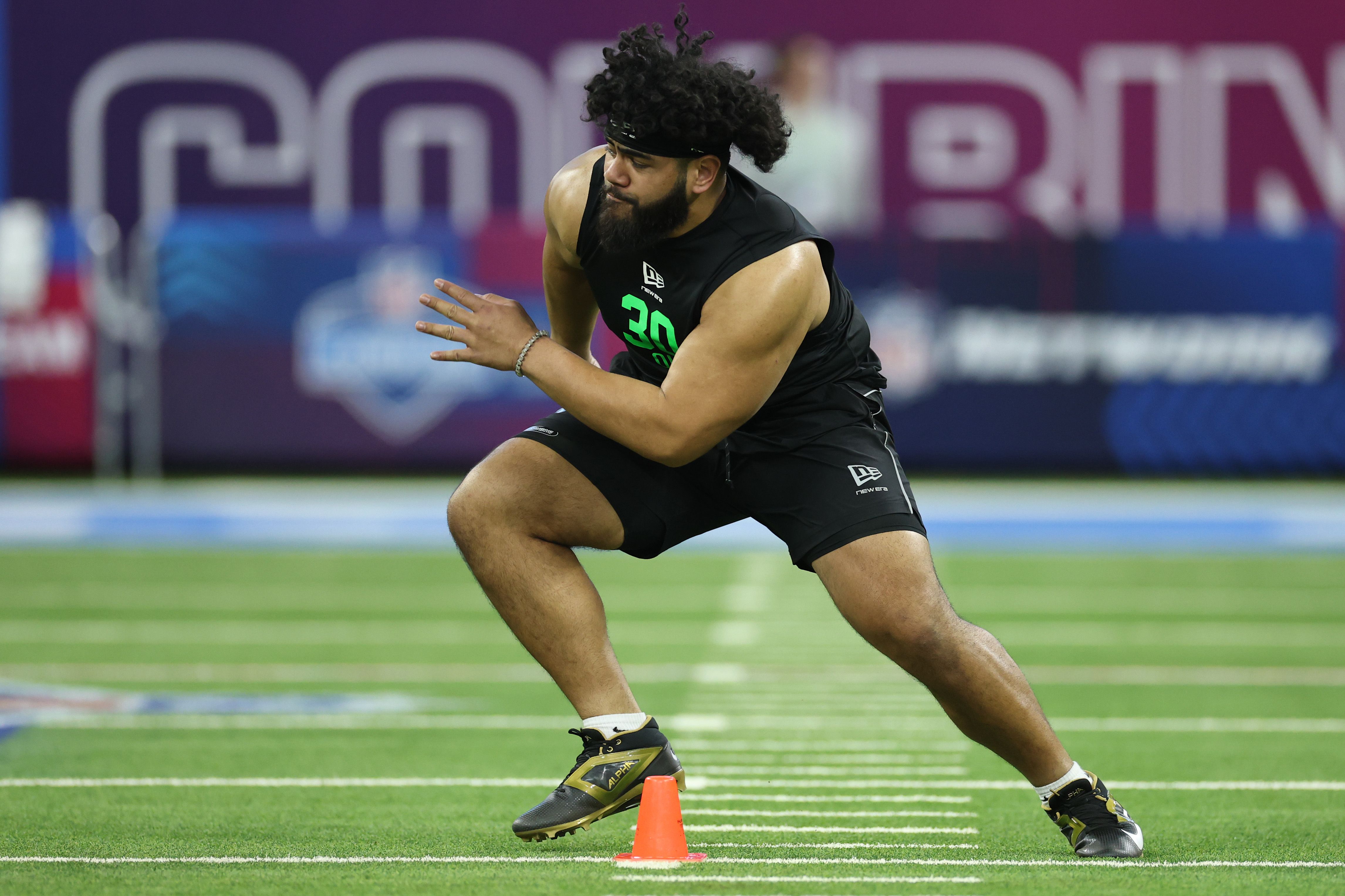 Vega Ioane of the Penn State Nittany Lions participates in a drill during the 2026 NFL Scouting Combine at Lucas Oil Stadium on March 01, 2026 in Indianapolis, Indiana.