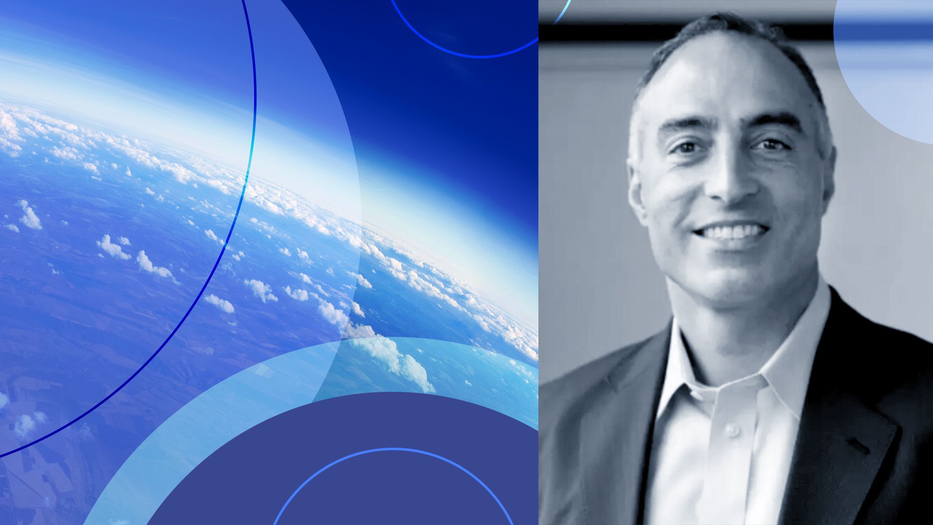 Photo illustration of Paul Nahi with an image of the earth's atmosphere and abstract shapes.