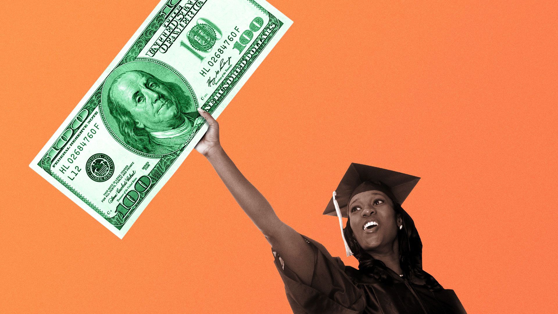 Illustration of black college student holding a large dollar bill.