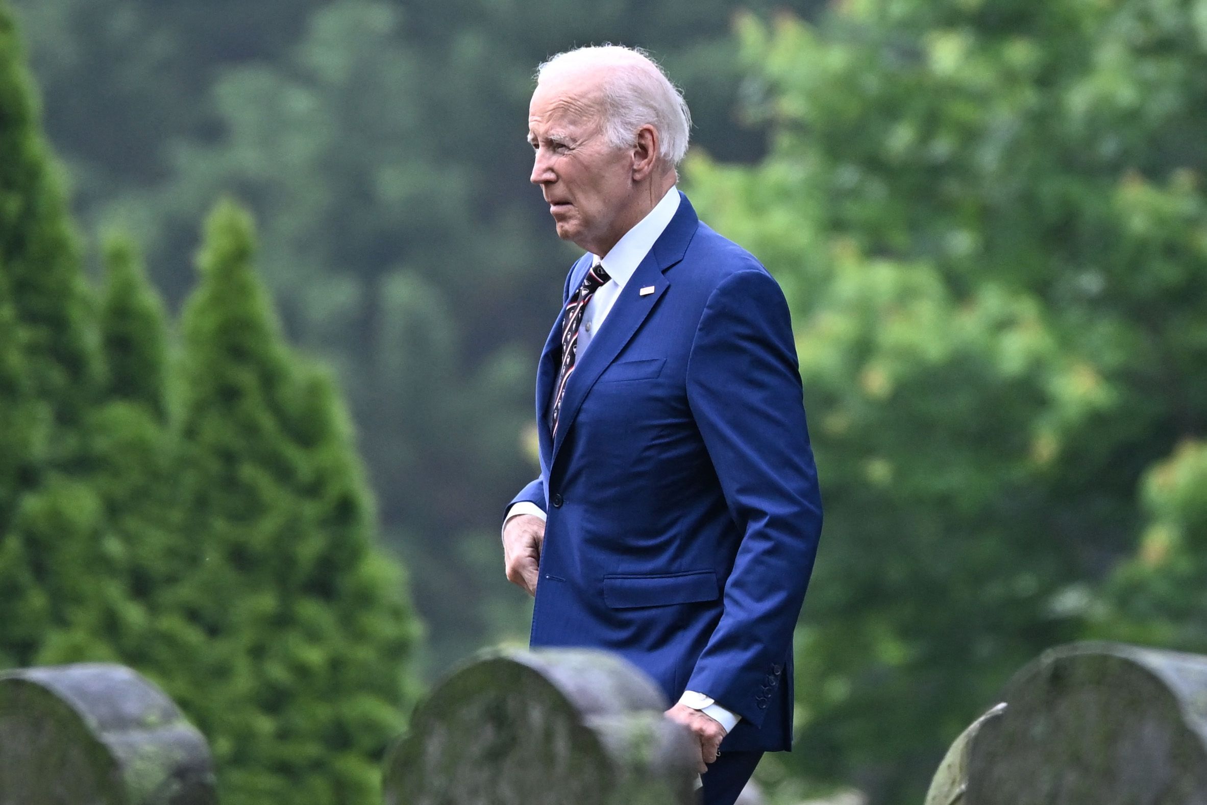 Former President Joe Biden arrives Saint Joseph on the Brandywine Catholic Church for a memorial mass on the 10th anniversary of the death of the President's son Beau Biden in Wilmington, Delaware on May 30, 2025. (Photo by ALEX WROBLEWSKI / AFP) (Photo by ALEX WROBLEWSKI/AFP via Getty Images)