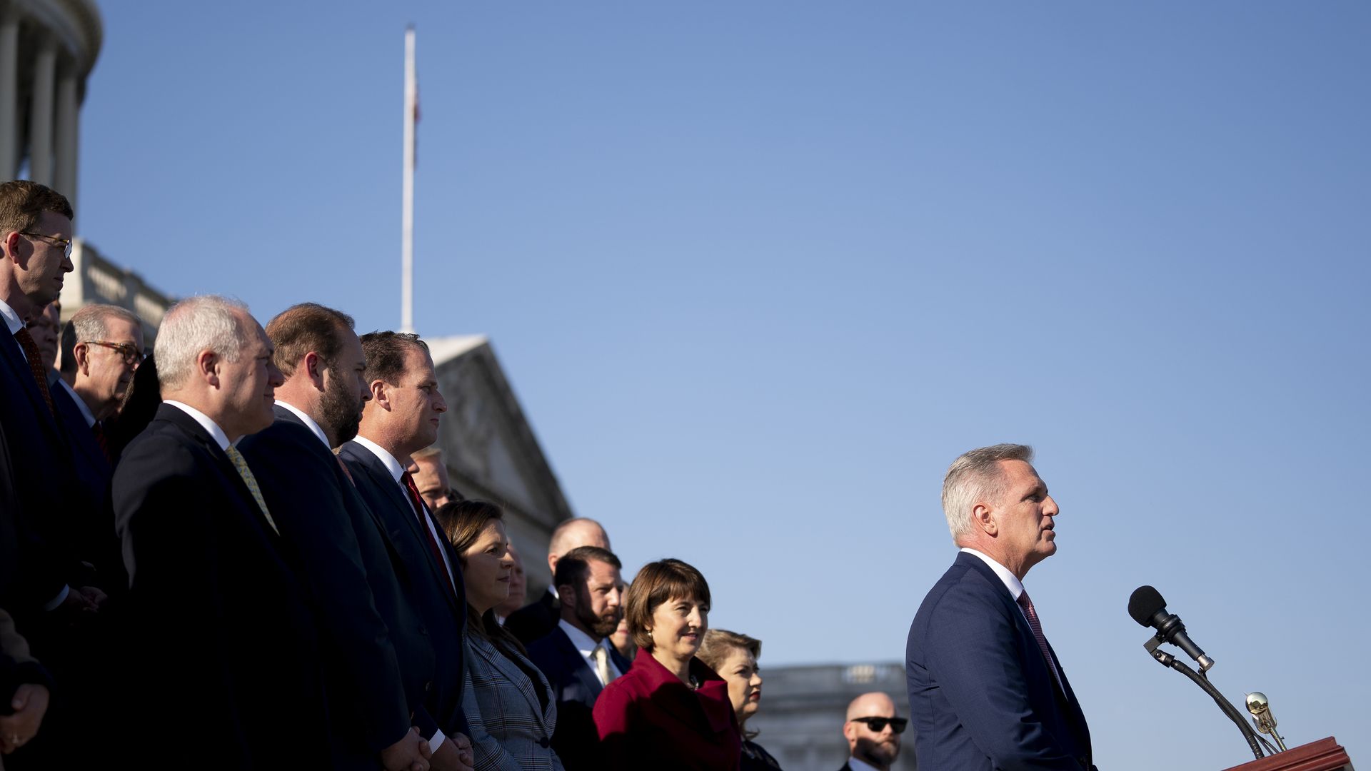 House Minority Leader Kevin McCarthy is seen speaking outside the U.S. Capitol.