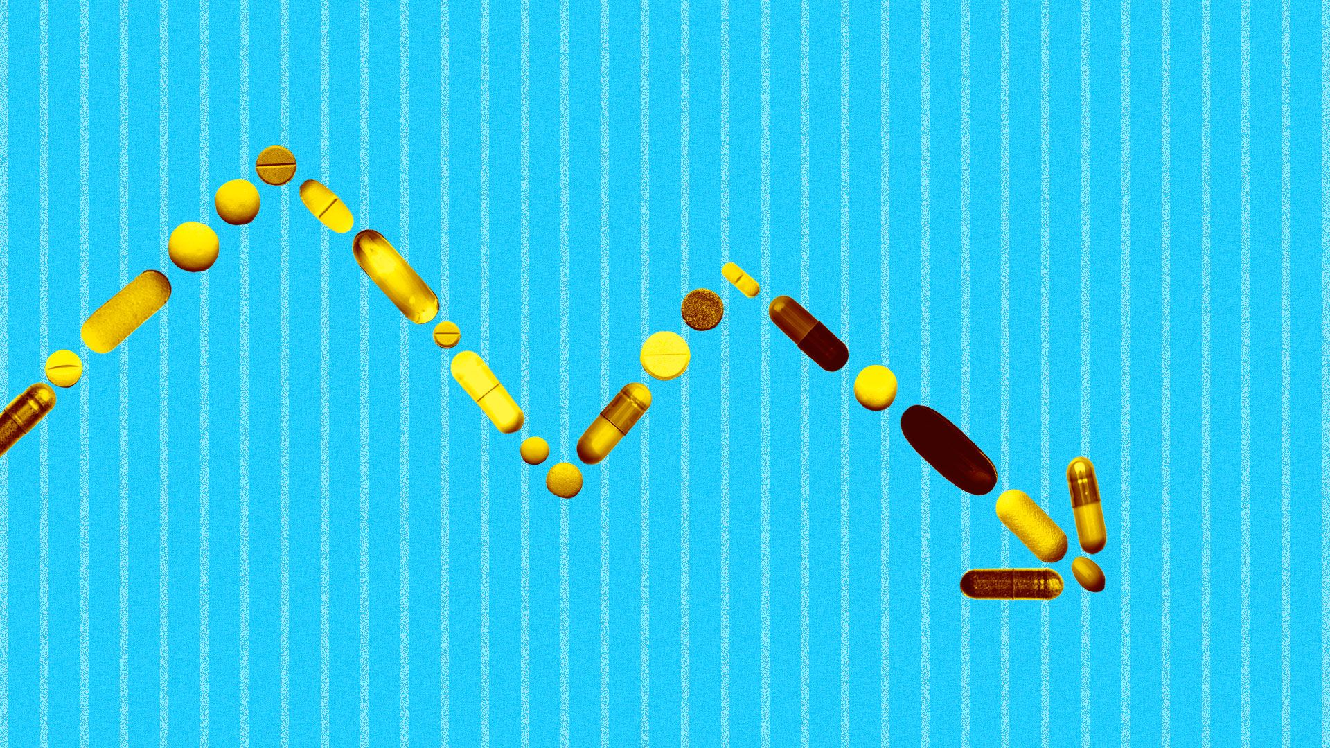 Illustration of a downward market trend line made up of golden pills.