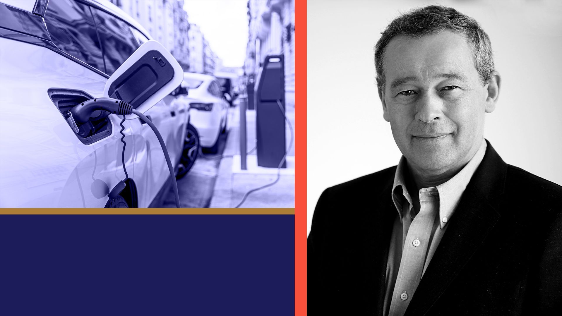 Photo illustration of Peter Rawlinson with an Electric vehicle. 