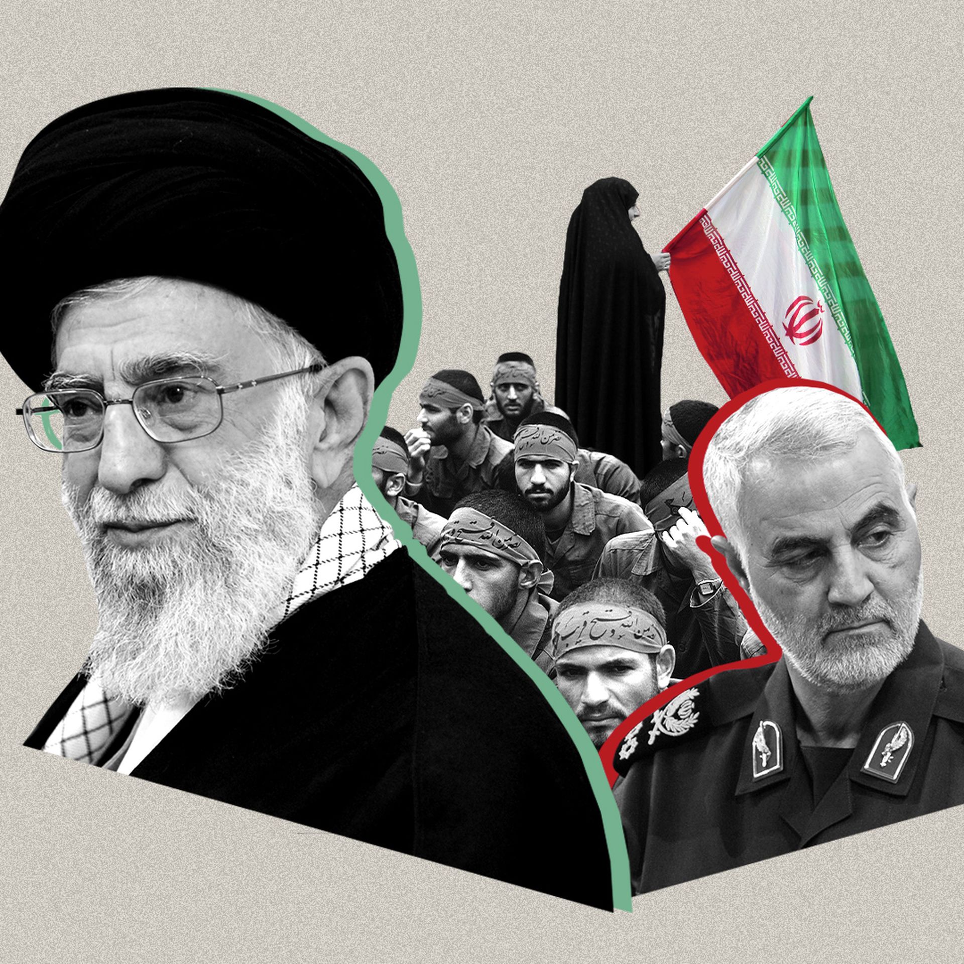 Photo illustration of the Ayatollah Khamenei, Qassem Soleimani, and the IRG.