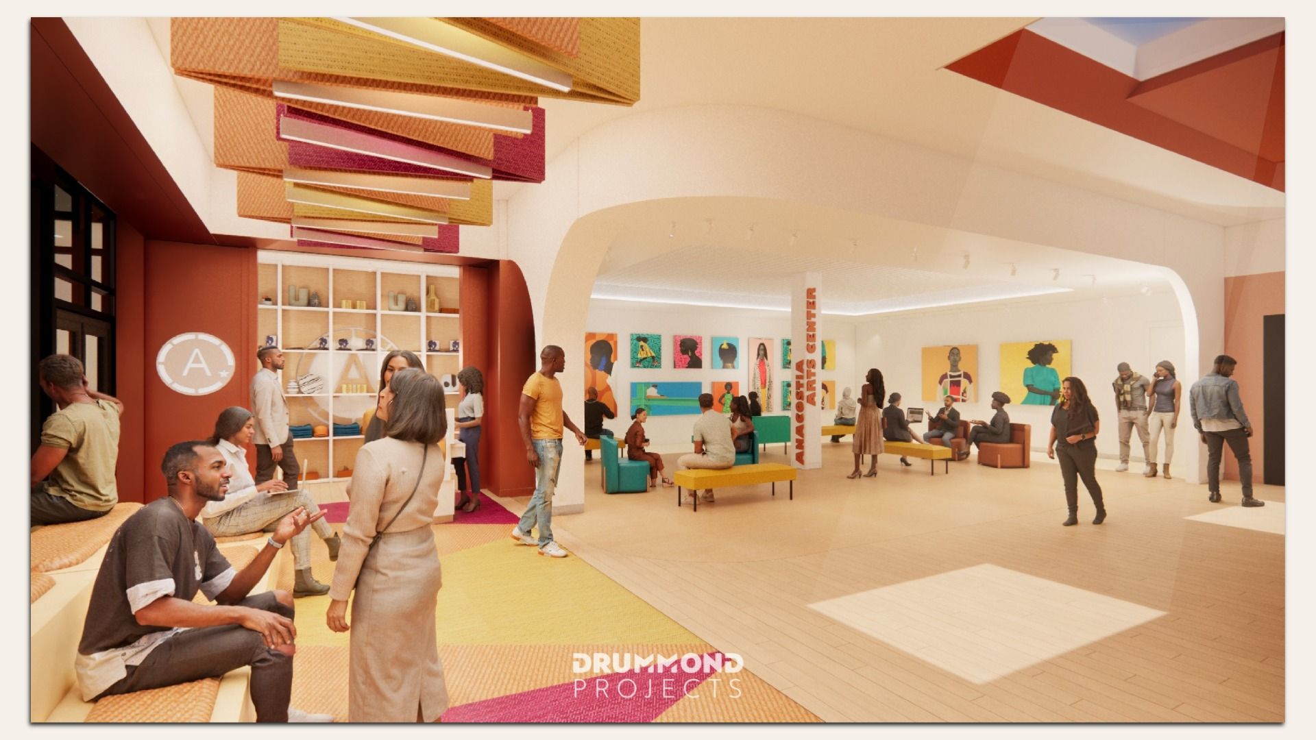 Bright and open gallery space with people socializing, colorful ceiling panels, bold wall art, yellow benches, and warm wood flooring. Sign reads Anacostia Arts Center.