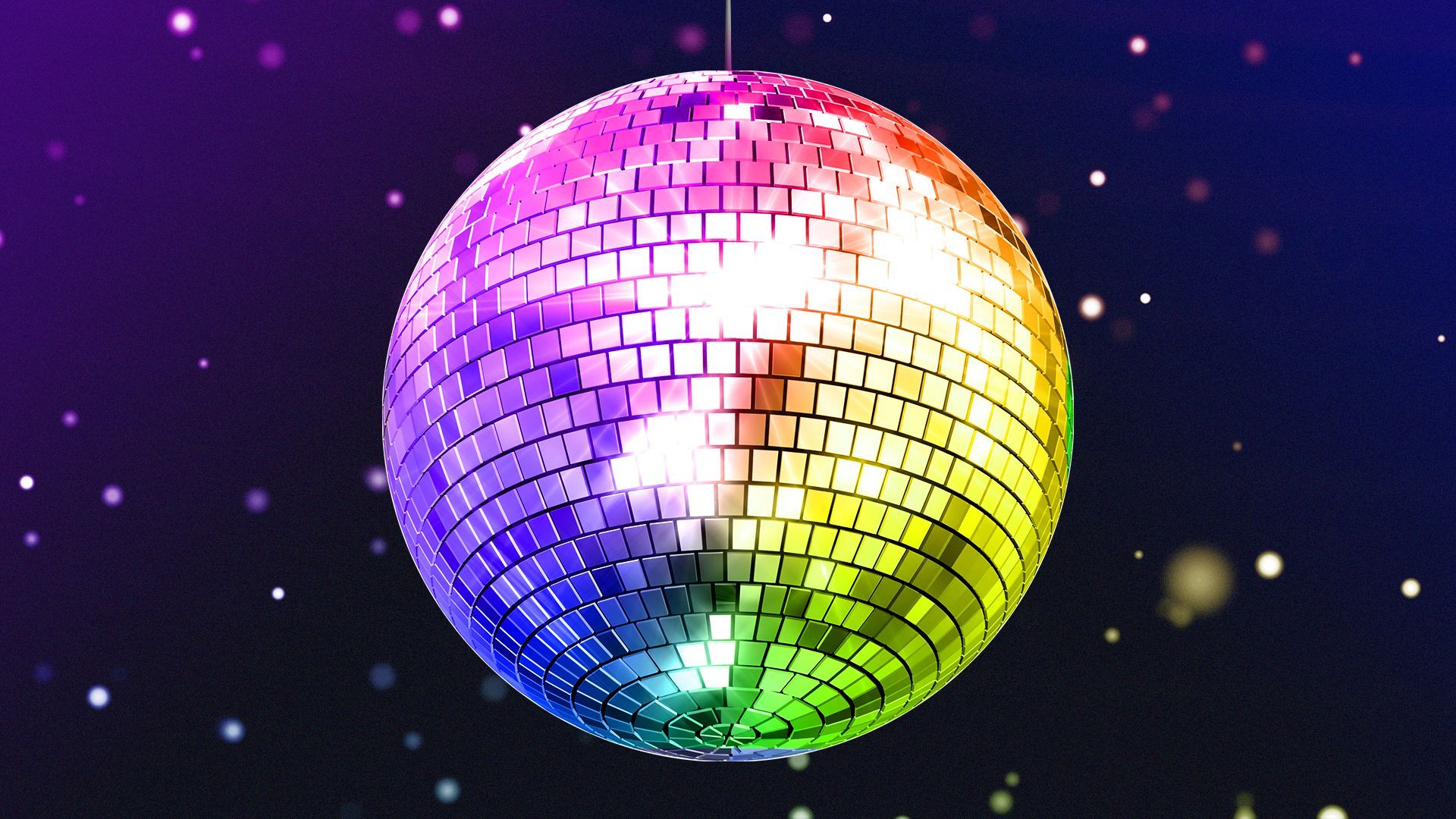 Illustration of a rainbow colored disco ball.